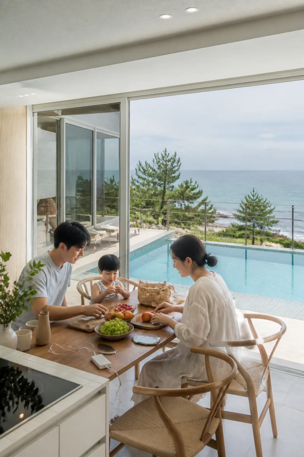 수영장과 주방이 함께 보이는 강릉풀빌라에서 여행객이 여유롭게 머무는 모습