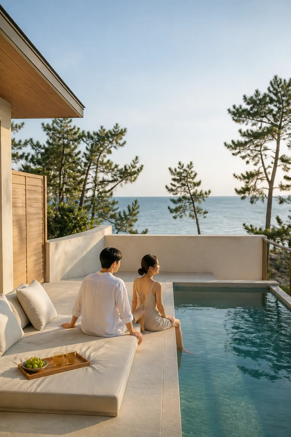 외부 시야를 줄인 전용 수영장과 동해 풍경이 보이는 강릉풀빌라