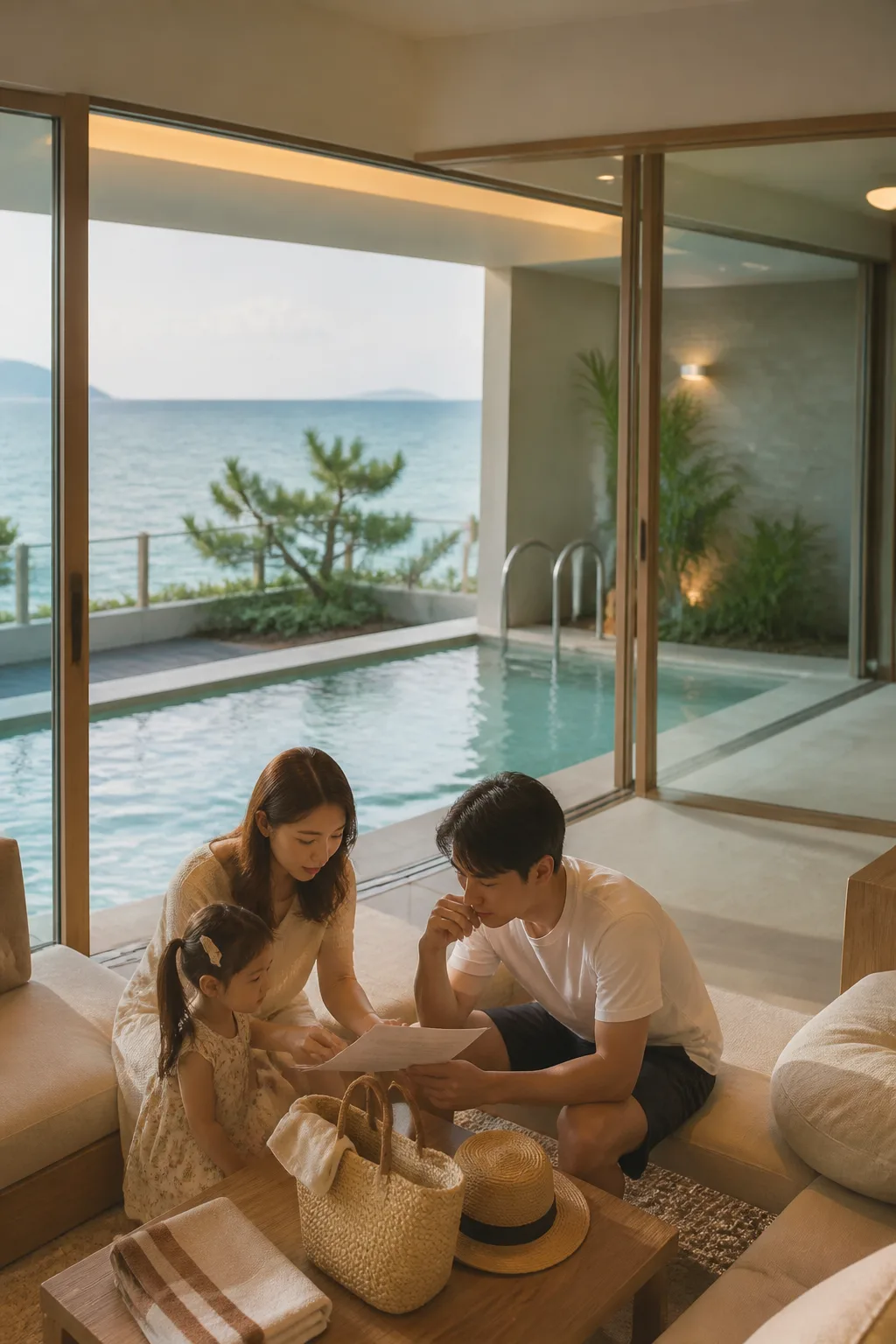 수영장 이용 안내를 확인하며 휴식하는 강릉풀빌라 체류 여행 장면