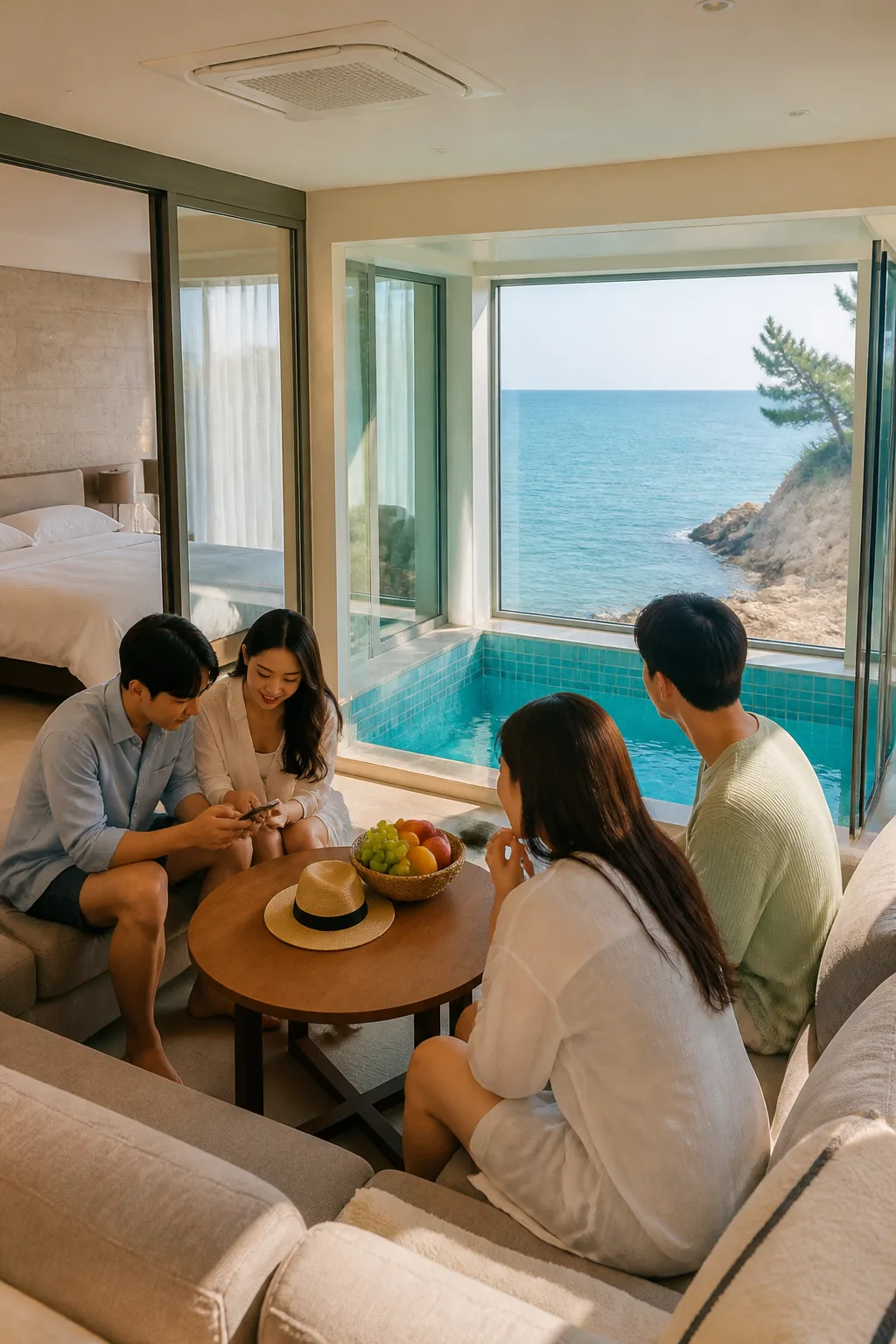 강릉풀빌라에서 동행자와 수영장 이용 조건을 확인하는 여행 장면